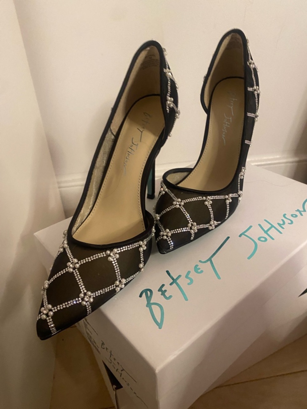 Betsey Johnson Black Crystal Grid Pointed Toe Pumps